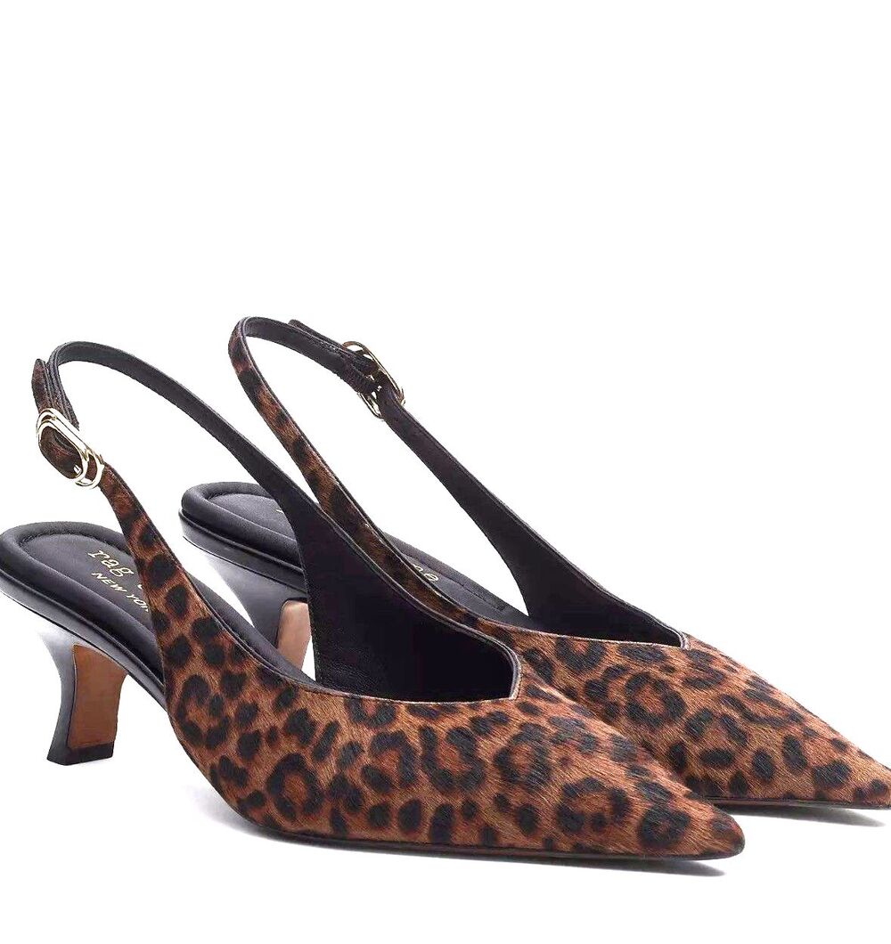 Rag & Bone Madison 7 Leopard Calf Hair Slingback Kitten Heel Pumps Sz 37 M $468